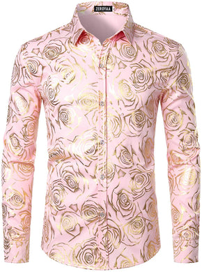 Men's Luxury Rose Gold Shiny Pink Long Sleeve Button Up Dress Shirt