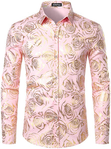 Men's Luxury Rose Gold Shiny Pink Long Sleeve Button Up Dress Shirt