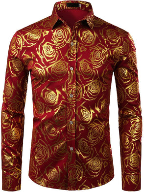 Men's Luxury Gold Shiny Red Long Sleeve Button Up Dress Shirt