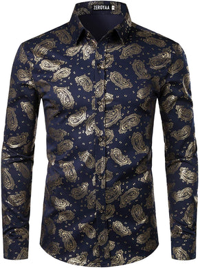 Men's Luxury Shiny Navy Blue Long Sleeve Button Up Dress Shirt