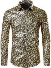 Load image into Gallery viewer, Shiny Paisley Black-Gold Slim Fit Long Sleeve Button Down Shirt