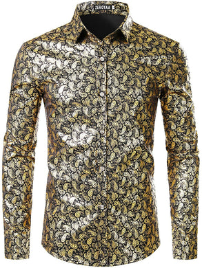 Shiny Paisley Black-Gold Slim Fit Long Sleeve Button Down Shirt