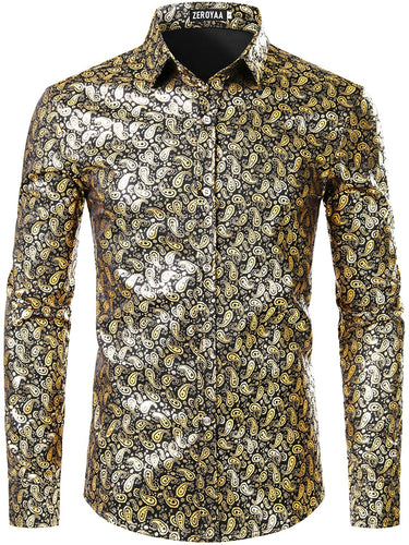 Shiny Paisley Black-Gold Slim Fit Long Sleeve Button Down Shirt