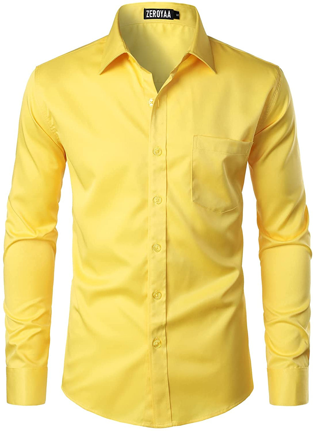 Men's Long Sleeve Yellow Button Up Dress Shirt with Pocket