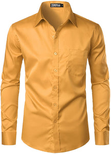 Men's Long Sleeve Yellow Button Up Dress Shirt with Pocket