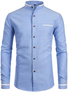 Mandarin Collar Slim Fit White Long Sleeve Shirt with Pocket