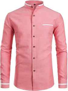 Mandarin Collar Slim Fit White Long Sleeve Shirt with Pocket