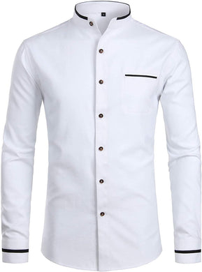 Mandarin Collar Slim Fit White Long Sleeve Shirt with Pocket