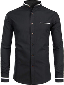 Mandarin Collar Slim Fit White Long Sleeve Shirt with Pocket