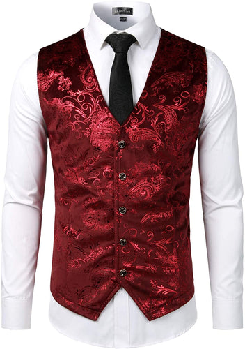 Men's Red Wine Hipster Metallic Paisley Printed Single Breasted V-Neck Suit Vest/Tuxedo Waistcoat