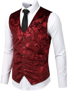 Men's Red Wine Hipster Metallic Paisley Printed Single Breasted V-Neck Suit Vest/Tuxedo Waistcoat