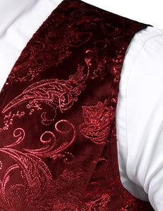 Men's Red Wine Hipster Metallic Paisley Printed Single Breasted V-Neck Suit Vest/Tuxedo Waistcoat