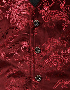 Men's Red Wine Hipster Metallic Paisley Printed Single Breasted V-Neck Suit Vest/Tuxedo Waistcoat