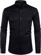 Load image into Gallery viewer, Men&#39;s Mandarin Collar Black Slim Fit Long Sleeve Shirt