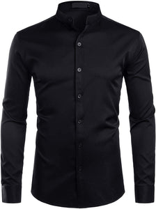 Men's Mandarin Collar Black Slim Fit Long Sleeve Shirt