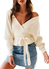 Load image into Gallery viewer, Wrap V Neck Long Batwing Sleeve Belted Waist Sweater Top