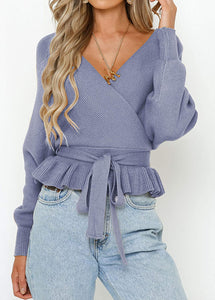 Wrap V Neck Long Batwing Sleeve Belted Waist Sweater Top