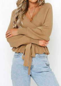Wrap V Neck Long Batwing Sleeve Belted Waist Sweater Top