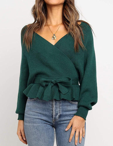 Wrap V Neck Long Batwing Sleeve Belted Waist Sweater Top