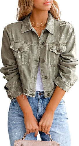 Dreamy Khaki Distressed Frayed Ripped Jeans Jacket