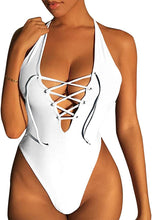 Load image into Gallery viewer, Summer Deep V-Neck Lace Up Strappy Cross Backless Monokini High Waist White Swimsuit
