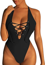Load image into Gallery viewer, Summer Deep V-Neck Lace Up Strappy Cross Backless Monokini High Waist Black Swimsuit