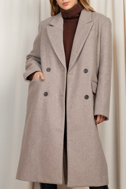Stone Brown Wool Double Breasted Long Boxy Coat