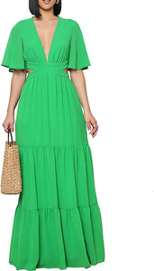 Pastel Green V Neck Short Sleeve Summer Maxi Dress