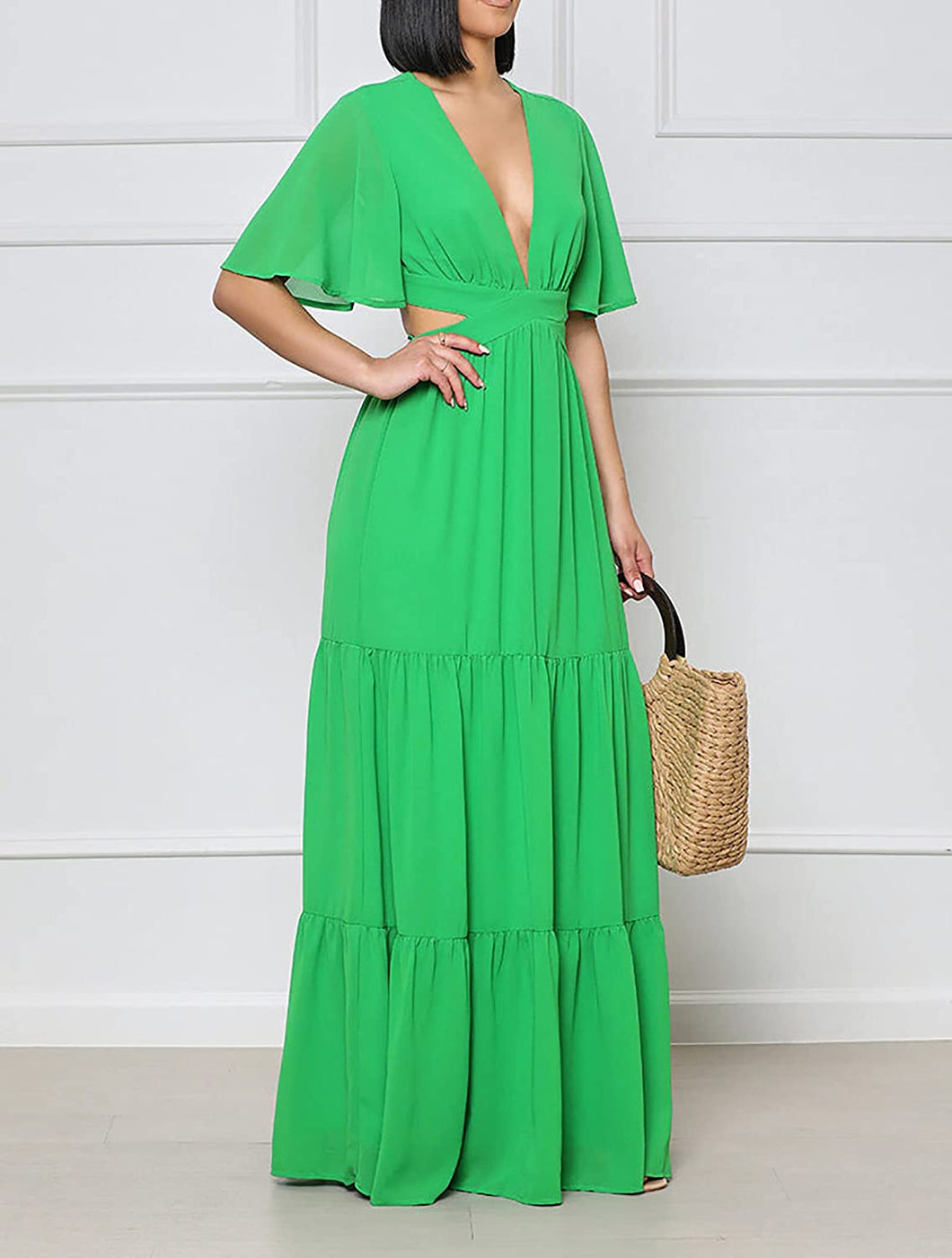 Pastel Green V Neck Short Sleeve Summer Maxi Dress