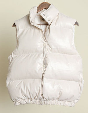 High Neck Ivory Vegan Leather Puffer Jacket Vest