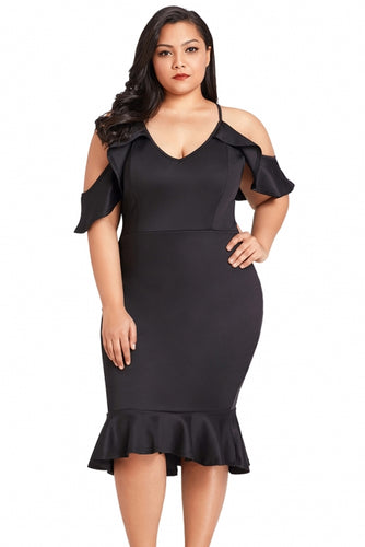 Plus Size Black Ruffled Cut Out Sleeve Midi Dress