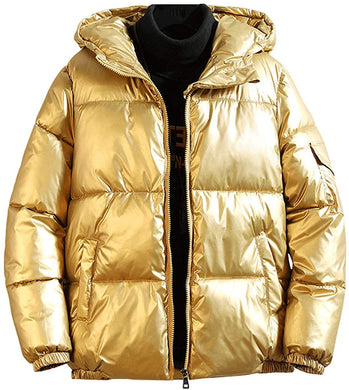 Full Zip Metallic Gold Casual Hooded  Bomber Jacket