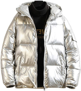 Men's Puff Metallic Silver Casual Hooded Bomber Jacket