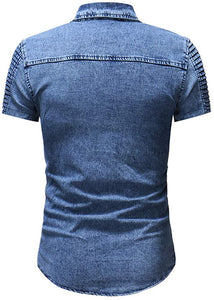 Men's Blue Short Sleeve Distressed Denim Shirt