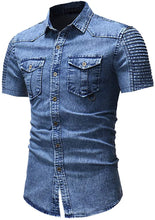 Load image into Gallery viewer, Men&#39;s Blue Short Sleeve Distressed Denim Shirt