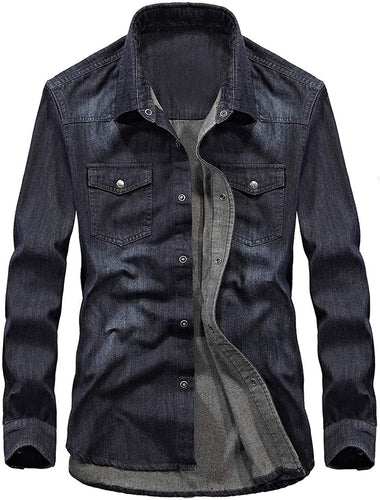 Men's Dark Blue Long Sleeve Washed Denim Shirt