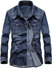 Load image into Gallery viewer, Men&#39;s Button Down Dark Blue Long Sleeve Washed Denim Shirt