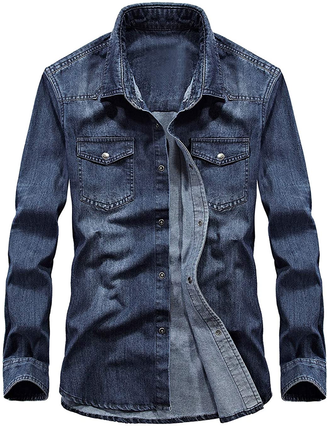 Men's Button Down Dark Blue Long Sleeve Washed Denim Shirt