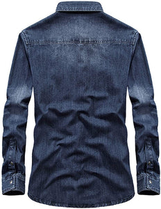 Men's Dark Blue Long Sleeve Washed Denim Shirt