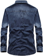 Load image into Gallery viewer, Men&#39;s Button Down Dark Blue Long Sleeve Washed Denim Shirt