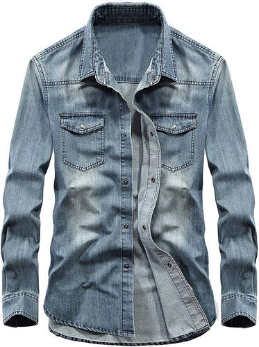 Men's Light Blue Long Sleeve Washed Denim Shirt