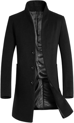 Men's Black Mid-Length Single Breasted Wool Blend Top Coat