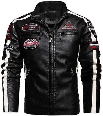 Men's Black Fleece Lined Patchwork Moto Racer Faux Leather Jacket