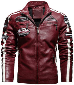 Men's Dark Blue Fleece Lined Patchwork Moto Racer Faux Leather Jacket
