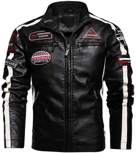 Men's Dark Blue Fleece Lined Patchwork Moto Racer Faux Leather Jacket