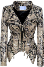 Load image into Gallery viewer, Print Studded Snake-skin Leather Snake Pattern Biker Jacket