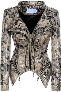 Print Studded Snake-skin Leather Snake Pattern Biker Jacket