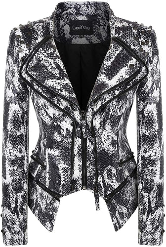 Print Studded White Leather Snake Pattern Biker Jacket