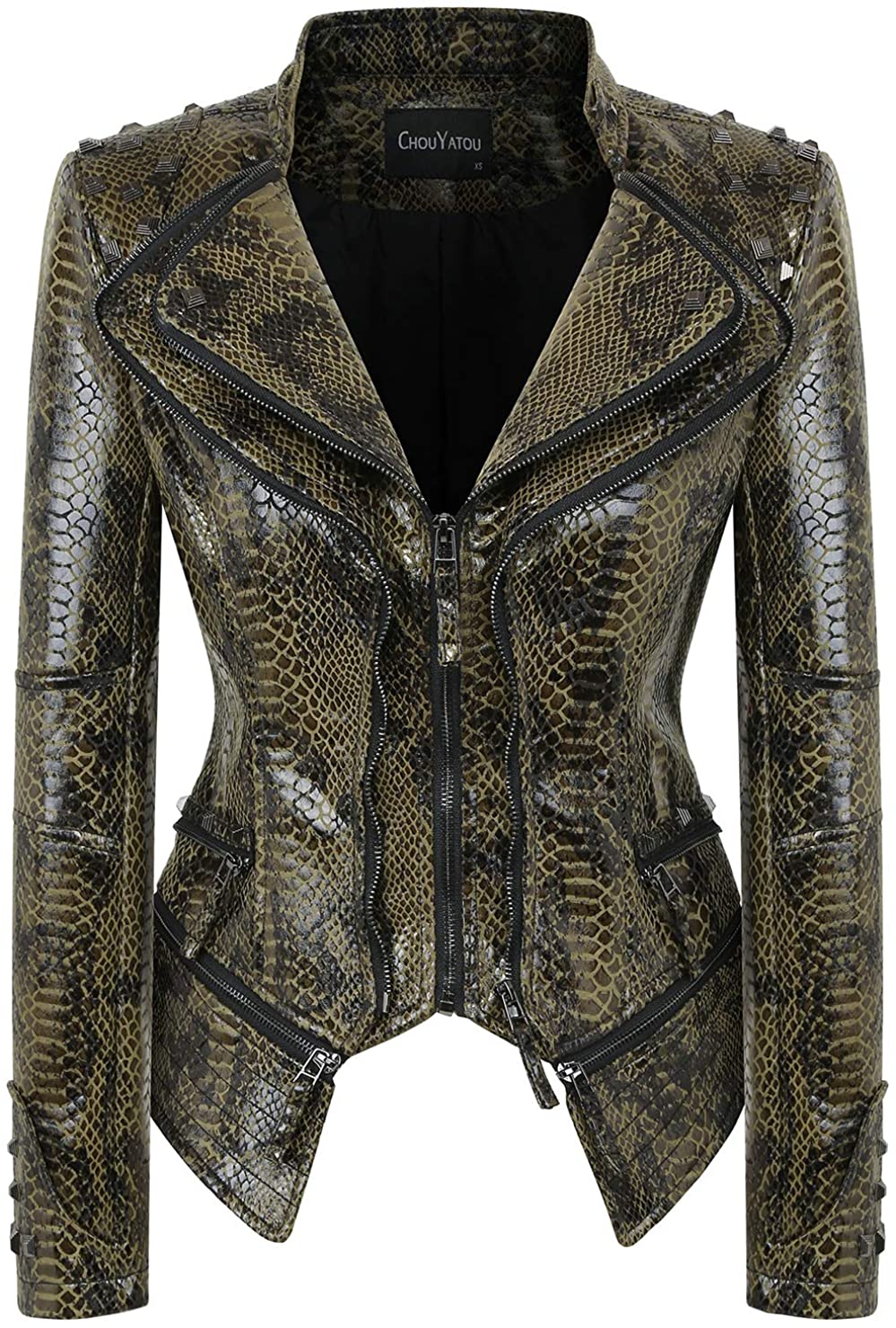 Print Studded Army Green Leather Snake Pattern Biker Jacket