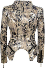 Load image into Gallery viewer, Print Studded Snake-skin Leather Snake Pattern Biker Jacket